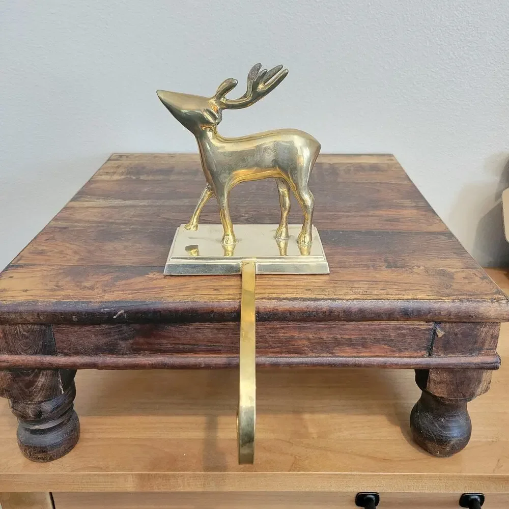 Vintage Brass Reindeer Stocking Hanger Long Arm Heavy Mantel Hook Stag 5.75